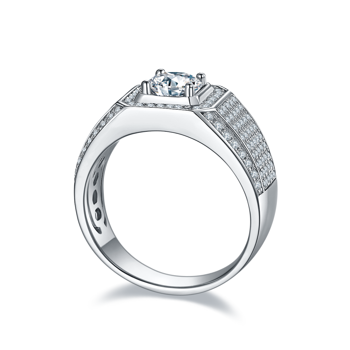 Wenjun S925 Silver Plated Platinum Moissanite Diamond Men's Ring 1 Carat D-Class